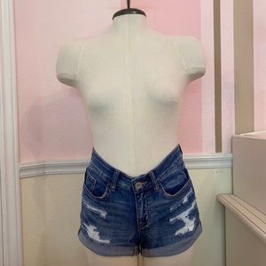 navy blue distressed rolled denim shorts